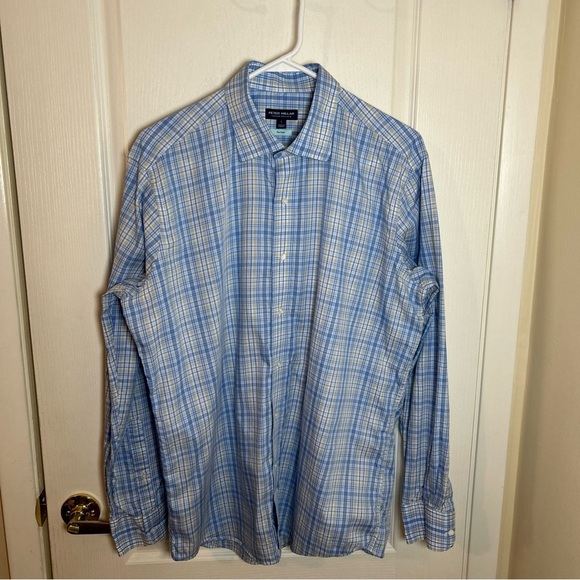 Peter Millar L Button Down Blue Plaid Long sleeve Dress Shirt - Picture 1 of 4